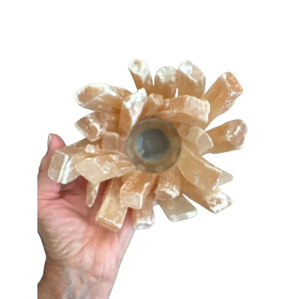 Peach Selenite Crystal Cluster Tea Light Candle Holder